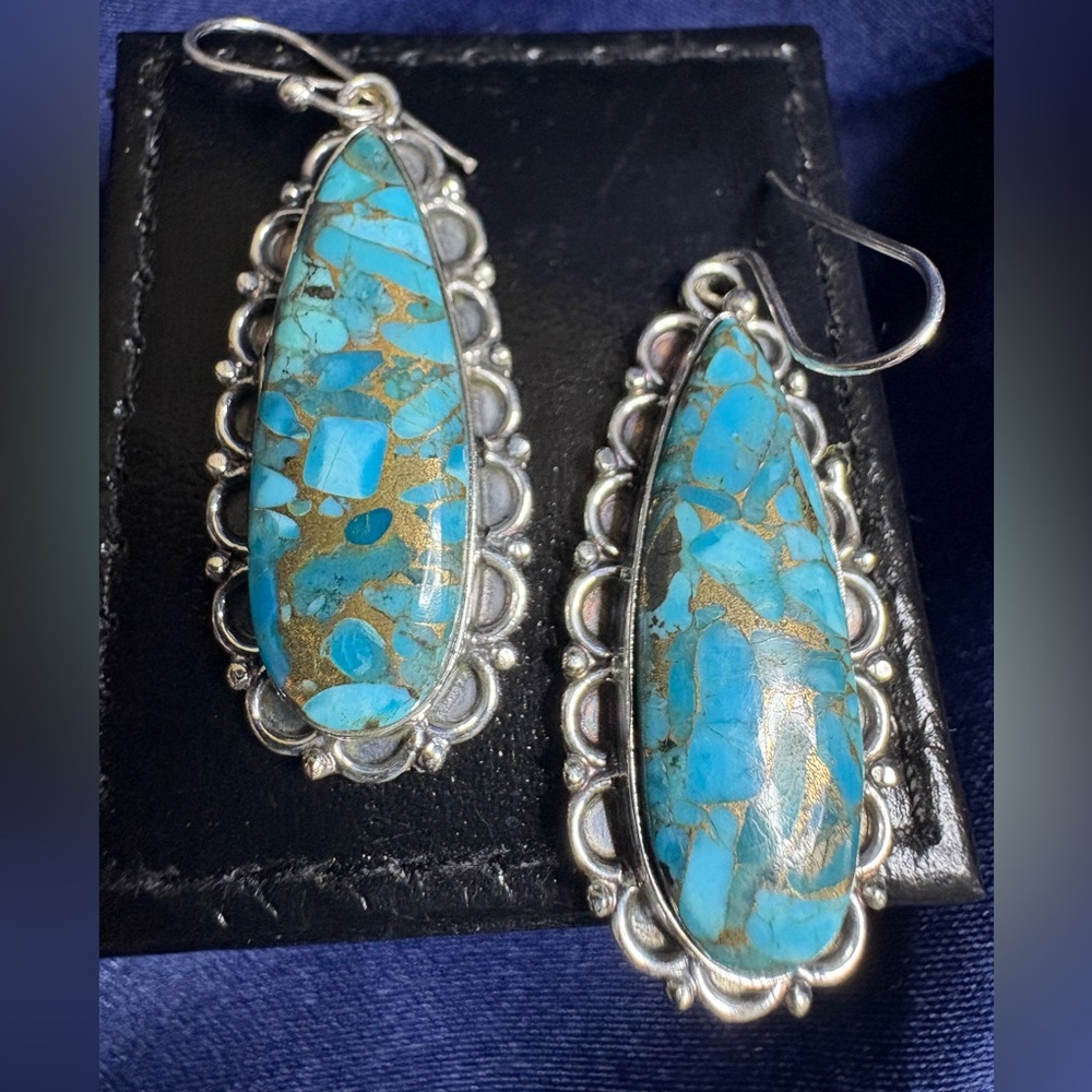 SOLD Earrings*Turquoise Copper Infused Southwestern Dangle Drop Wire Earrings - Picture 3 of 6